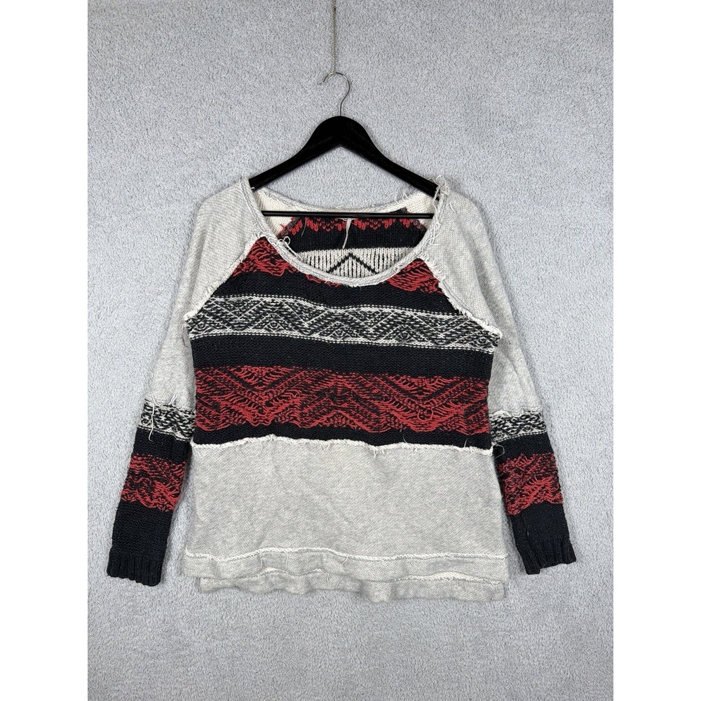 UO Free People Sweater Southwest Aztec Pattern Cotton Angora Gray/Black/Red Sz S